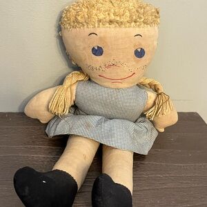 Handmade Rag Doll with Blue Dress and Black Shoes